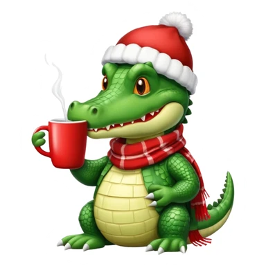 Fun crocodile wearing a winter hat and scarf, holding a warm mug of Bombardino drink sticker