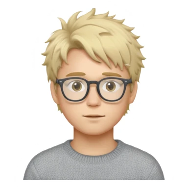 Twink with blonde messy hair and glasses, white skin and a grey sweater sticker