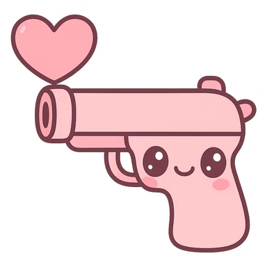 pink heart pistol, kawaii style, cute face on the handle, big eyes sticker