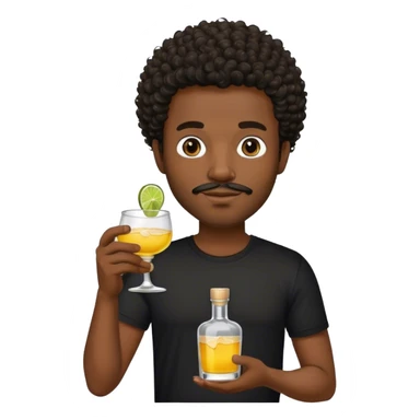 dark black guy, short curly hair, facial hair, holding tequila, black shirt  sticker