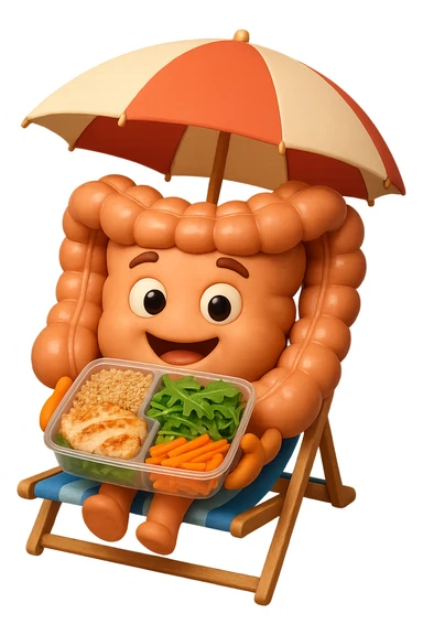 EMOJI STILE IPHONE DI INTESTINO IN SPIAGGIA SU UNA SPIAGGINA SOTTO L'OMBRELLONE CON IN MANO UNA SCHISCETTA DI Insalata di quinoa e pollo con rucola e carote, iperrealistica 4k sticker