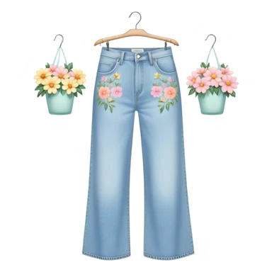 light wash denim wide leg jeans with pastel flowers painted on them on hanger sticker