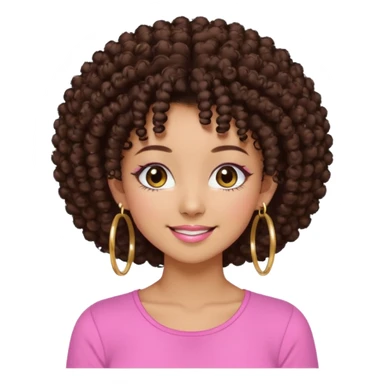 Naturally tan skin girl short darkBrown curly afropink shirt very long lashes hoop gold earrings Brown eyes gyaru smiling closed mouth cute sticker