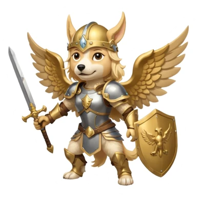 dog freya has sword and shield. she is a valkyrie and has wings. dynamic pose sticker