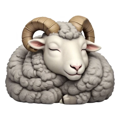Meme-Worthy Cute Sleeping Ram Portrait Emoji, Head resting peacefully with a contented smile, showcasing a robust build and a luxuriously soft woolly grey fur with gently curled horns, eyes shut in a serene, restful nap, Simplified yet hilariously adorable features, highly detailed, glowing with a soft, drowsy light, high shine, relaxed and utterly lovable, stylized with an air of playful laziness, bright and heartwarming, soft glowing outline, capturing the essence of a comically sleepy ram, so meme-worthy it feels like it could instantly become the next viral sensation of adorable slumber! sticker