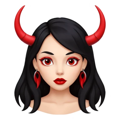 A girl's face with cheekbones, skin red, long black hair, small red horns, big lips sticker
