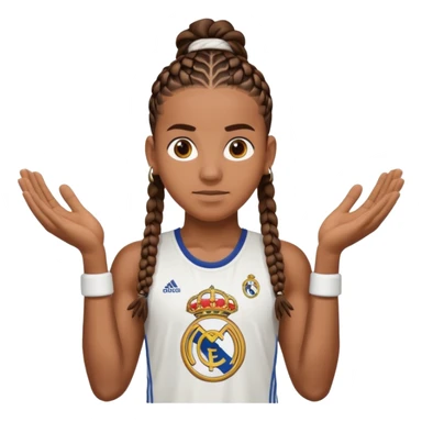 Make raphinha strong with cornrows and buff holding a the real madrid logo in between hid hands sticker
