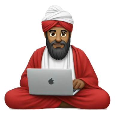 A caliph with turban and red clothes writing in a laptop sticker