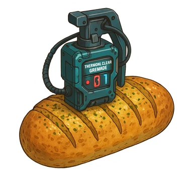 a thermonuclear hand held grenade IED, futuristic cyberpunk. The primed exlosive is garlic bread. small detonator attached to large loaf sticker