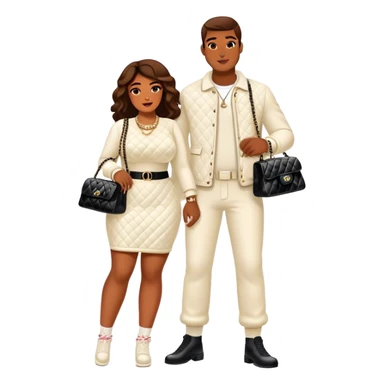Man living his dream. He’s boo’d up with a pretty Brownskin big booty woman wearing a Chanel outfit with her holding a Chanel bag. The man has on an Off-White outfit down to the shoes and socks sticker