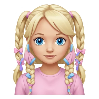 Emma Bunton blue eyes, long blonde pigtails hair, light pink outfit sticker