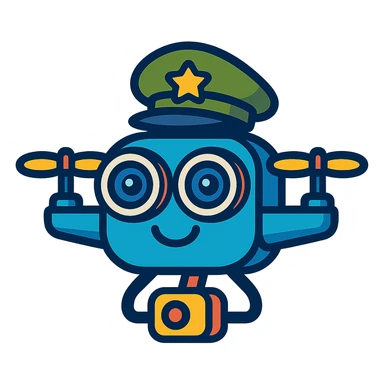small robot with camera eyes, shaped like a drone, smiling, wearing a tiny military cap sticker