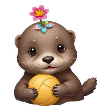 super cute baby otter with a tiny colorful flower on its head, gentle expression and soft rounded eyebrows, floating on clearly visible blue water with waves, baby otter with big sweet eyes holding a volleyball with both small paws above water sticker