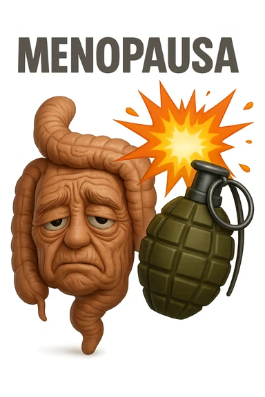 EMOJI STILE IPHONE 3D DI INTESTINO ANZIANO CON RUGHE SFINITO CON ESPRESSIONE STANCA, ACCANTO A LUI SCOPPIA UNA GRANATA 3D CON LA SCRITTA "MENOPAUSA" SOPRA sticker