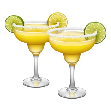 2 margarita cocktails. one is the classic margarita: yellowy with salt on the rim and a lemon. the other one is a spicy margarita: slightly more red color with a small red chili pepper instead of a lemon on the rim  sticker