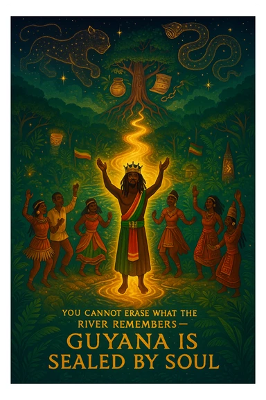 A vivid, spiritual illustration of Guyana reborn as a land of divine rhythm, ancestral return, and natural royalty. In the heart of the image flows the mighty Essequibo River, glowing with golden energy — a symbol of memory, healing, and spiritual current. Surrounding the river are lush, enchanted rainforests pulsing with hidden drums, glowing symbols, and jungle spirits made of light.

At the center, a crowned I-tal figure (part Rasta, part ancestral guardian) stands barefoot in the river, arms raised, channeling the rhythm of the land into the sky. Around them: a ring of spirit dancers echoing maroon heritage, Amerindian wisdom, and African soulfire — dressed in ceremonial garb, dancing in sync with the heartbeat of the earth.

Above, the stars form the shape of a jaguar and a giant serpent intertwined — the twin protectors of Guyana. Behind them, a mighty temple-tree rises from the jungle canopy, its branches holding sacred items: a calabash, a broken colonial chain, a conch shell, and a scroll titled “Undivided.”

Sacred text etched into the riverbank reads: “You cannot erase what the river remembers — Guyana is sealed by soul.”

The colors should reflect spiritual awakening: deep emerald, fire-gold, sunrise orange, and night-sky indigo. Mist, ancestral drums, and glowing Rasta flags should blend into the atmosphere — making this a vision of both resistance and rebirth. sticker