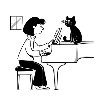 woman playing piano while her cat sits on top of the piano sticker