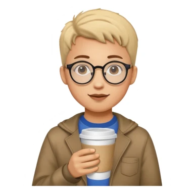 Student with round glasses and takeaway coffee sticker