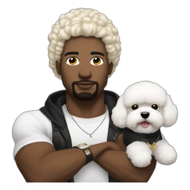 white man black hair,  rapper flexing with a bichon sticker