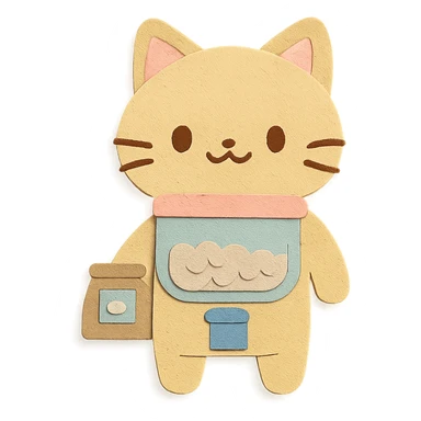 chibi rice dispenser-cat hybrid standing with a tiny rice bag, soft pastel, full-body sticker