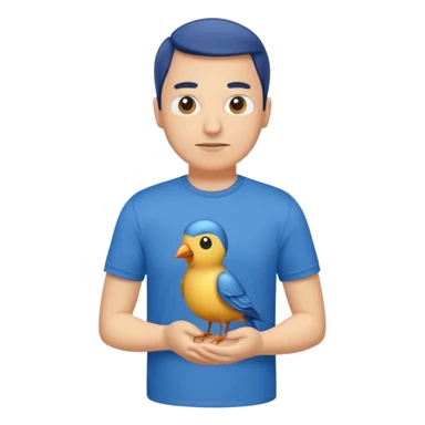 blue tshirt man with bird sticker