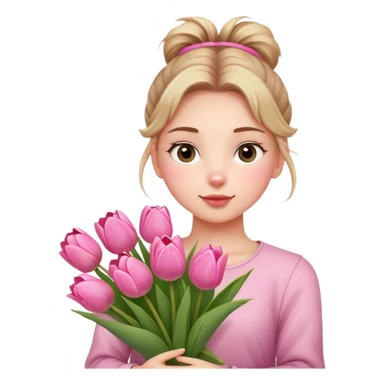 A girl with a messy bun, holding a bunch of pink tulips. sticker