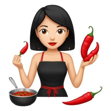 black short shoulder length hair tanned woman, black dress cooking, holding chili pepper sticker