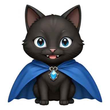 an all black anthropomorphic cat with blue eyes wears an all black cape and is smiling a mischievous sharp tooth grin sticker