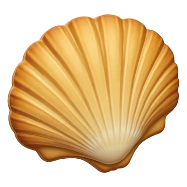A madeleine pastry. Oval seashell shape with ONLY four to five vertical lines going in the same direction. Light golden brown. Scalloped edge. Cookie. Flat. Long. Oval shape. Lets scallops. Only four or five scalloped lines. Oblong shape. More length. Less roundness. sticker