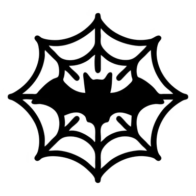 a bat with spread wings in a spiderweb, icon style, solid black fill, bold and modern sticker