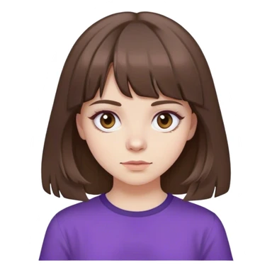 girl brown hair and curtain bangs. brown eyes, pale skin purple shirt  sticker