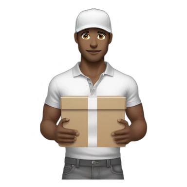 Pale skinned fit Man with dark brown hair in a white cap, gray jeans and gray polo T-shirt keeping a pasted with tape box into his hands sticker