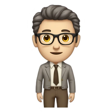 Full height Pale skinned Fit Man With dark brown hair in gray jacket, beige office shirt, tie, Brown pants and vintage glasses. Thrumbs of his palms directed up sticker