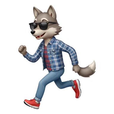friendly anthropomorphised wolf in jeans and plaid shirt, wearing dark sunglasses, jogging upright in standard pose sticker