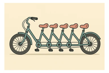 5-seater tandem bicycle side view showing five seats and five sets of pedals, clean modern illustration style sticker