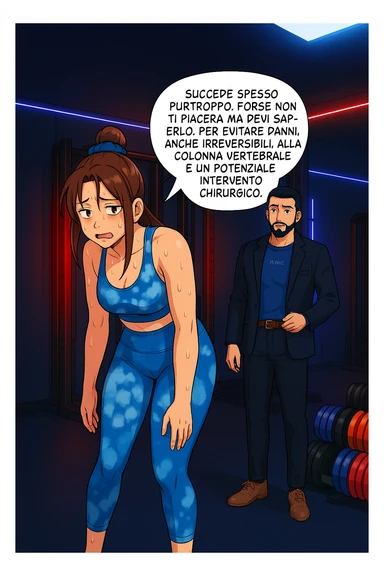 fai questa immagine in versione fumetto/manga/webtoon a colori, il manga mostra l'uomo che risponde alla donne:
Succede spesso purtroppo. 
Forse non ti piacerà ma devi saperlo, per evitare danni, anche irreversibili, alla colonna vertebrale e un potenziale intervento chirurgico. sticker
