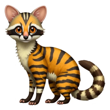 Feral Rare Fantasy shaded detailed colorful Genet-Trico-Civet-Cacomistle-Margay-species by LiLaiRa,, with white stripes with dark-blackish points, white belly, random markings, tufted tail, tufted ears, full body sticker