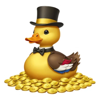 Duck character in top hat swimming in pile of gold coins and money bags sticker