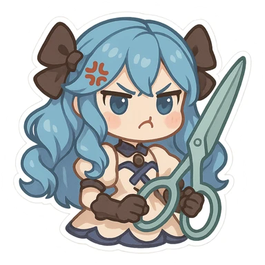 Gwen from League of Legends, chibi style, angry emote, oversized scissors, blue hair, pouty face, cute doll-like expression sticker