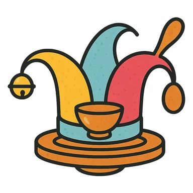 modern vector logo of a jester's hat with subtle ceramic glaze texture, sitting on a pottery wheel base, one bell replaced by a small clay bowl, another by a wooden spoon, warm inviting colors yellow, sky blue, raspberry red, playful yet elegant, suitable for branding of culinary and pottery workshop sticker