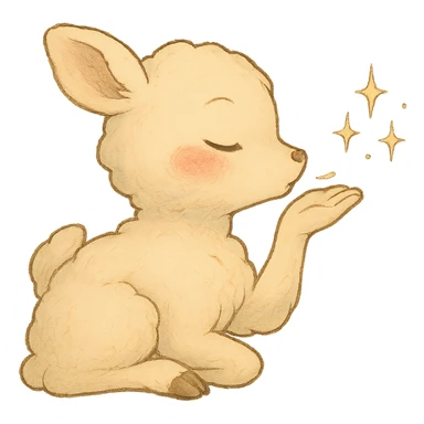 Make the vanilla-colored cloud doe appear to be sleeping, with rosy cheeks, blowing a kiss with sparkles, soft Ghibli style, with no background. sticker