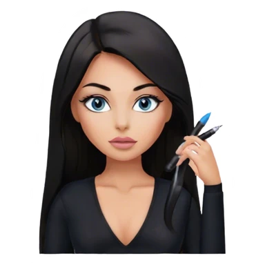 Glamours make-up, tanned, beautiful, girl, with blue eyes, big pump peach-beige-rose lips, eyeliner, long lashes, black straight smooth silky long hair, parting hair in the middle,  in black v-neck bodysuit long sleeves sticker