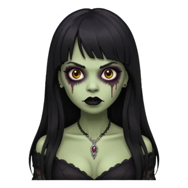 vampira gótica parda zumbi de cabelo longo e preto e franja e roupa com decote e batom preto sticker