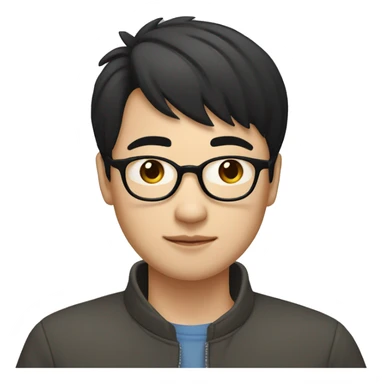 A young Chinese man with black hair, short hair, and a center cut. He has black framed glasses, small eyes, big nostrils, and a round face. He is working with a laptop in front of him sticker