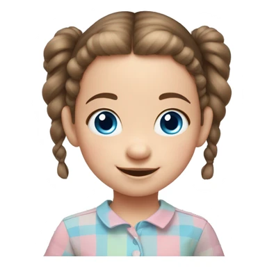 A toddler girl with 2 tiny pig tails on top of her hair with tiny bows, fair skin, blue eyes, brown hair, smiling, wearing a pastel shirt sticker