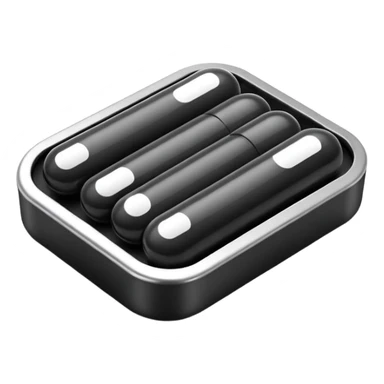 Minimalistic futuristic black medicine pills pack emoji, metallic black and white, reflective sleek surfaces, flat vector design, high-tech clean UI icon sticker