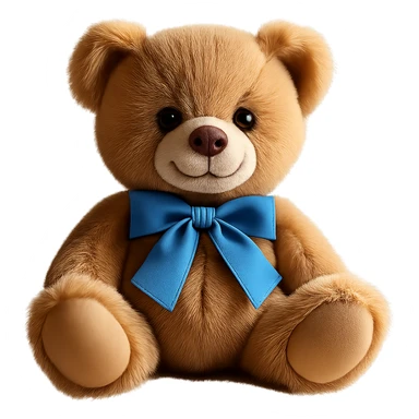 Isolate the realistic teddy bear with a blue ribbon and soft lighting on a transparent background, removing all other background elements. sticker