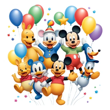 A colorful, playful close-up collage of classic cartoon characters like Goofy, Mickey Mouse, Donald Duck, Winnie-the-Pooh, and others. Bright, vibrant colors with cheerful expressions and fun elements like balloons and stars. Whimsical and nostalgic style. Transparent background. sticker