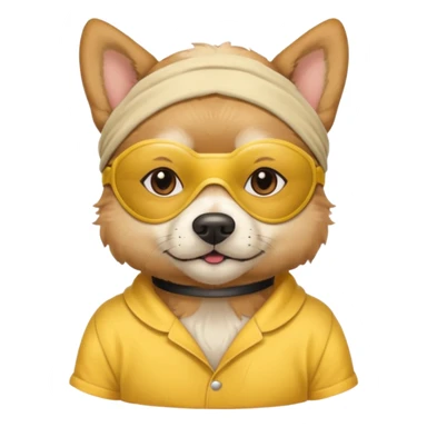 a dog with yellow sleep mask and wearing shirt sticker