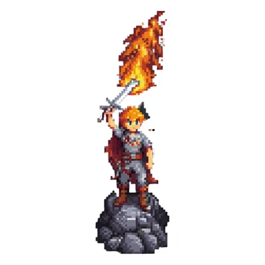 a boy with a flaming sword standing on a volcano, pixel art style sticker